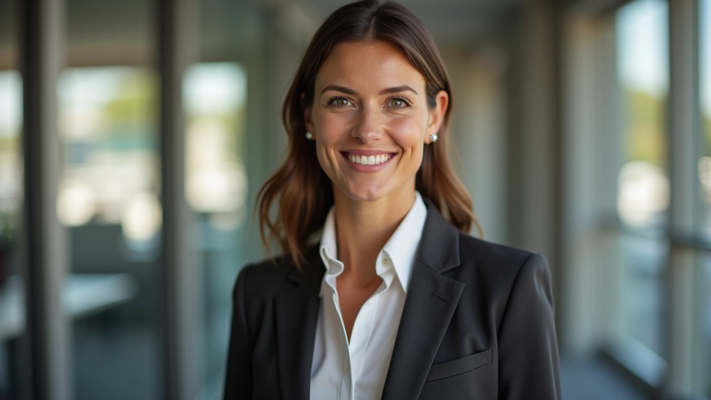 Geschäftsfrau in strukturiertem Outfit mit konsistenter Farbpalette und Accessoires, die ihre professionelle Identität verstärken