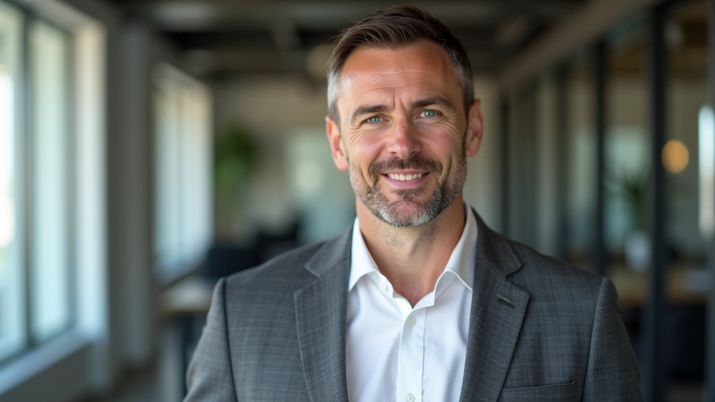 Mann in grauem Anzug mit offener Körperhaltung und Blickkontakt in modernem Büroumfeld