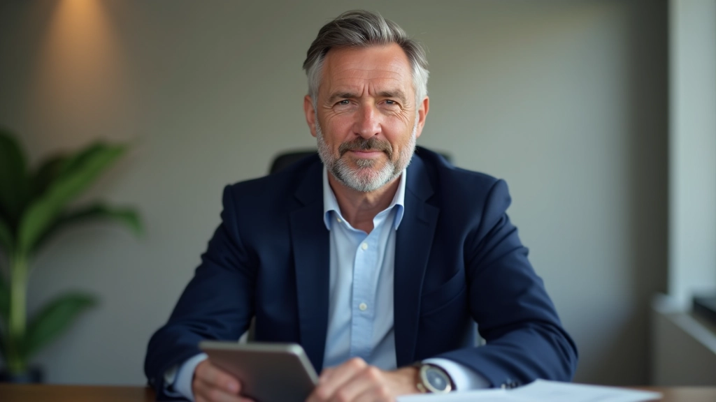 Mann in Video-Meeting, der professionelle Körpersprache und konzentrierten Ausdruck zeigt, sitzt vor Laptop mit strukturiertem Hintergrund