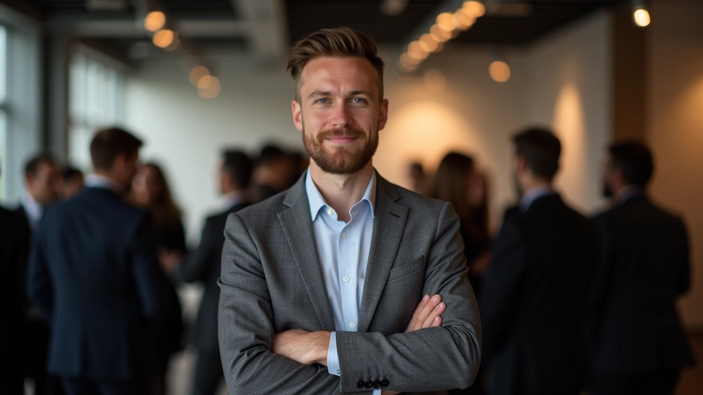 Professioneller Mann in grauem Anzug mit offener, zugänglicher Körpersprache bei einem Netzwerk-Event