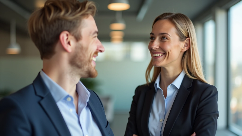 Zwei Fachleute in einem offenen Gespräch mit aufmerksamer Körpersprache in modernem Büro
