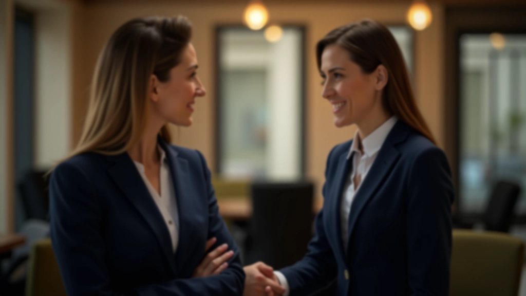 Zwei Fachleute in konsistentem Business-Attire tauschen sich in entspannter professioneller Umgebung aus