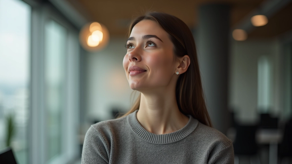 Frau schaut inspiriert nach oben während sie an einem Projekt arbeitet und ihre Leidenschaft zeigt