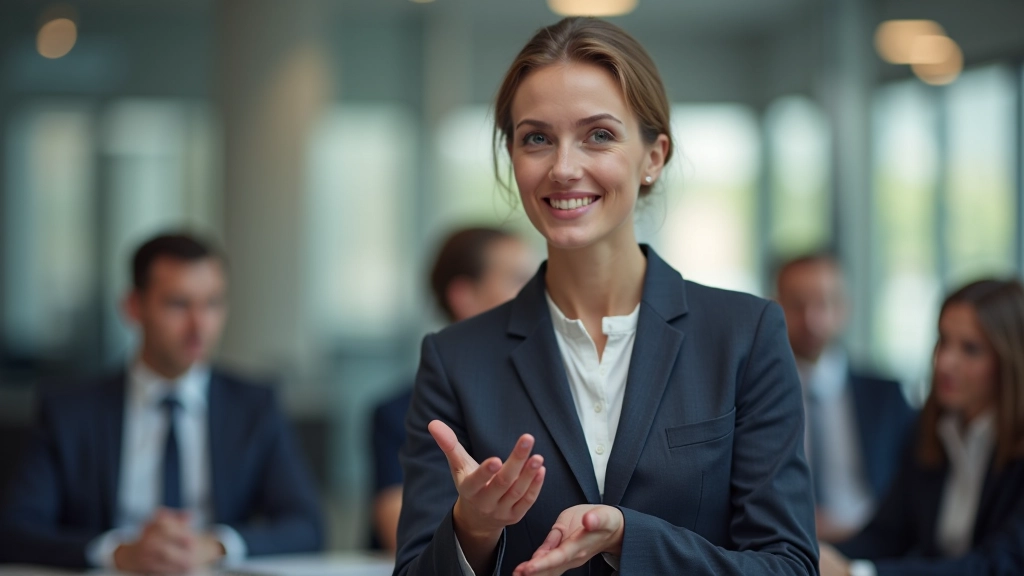 Person präsentiert ihre Ideen selbstbewusst vor einer Gruppe in einer modernen Konferenzumgebung