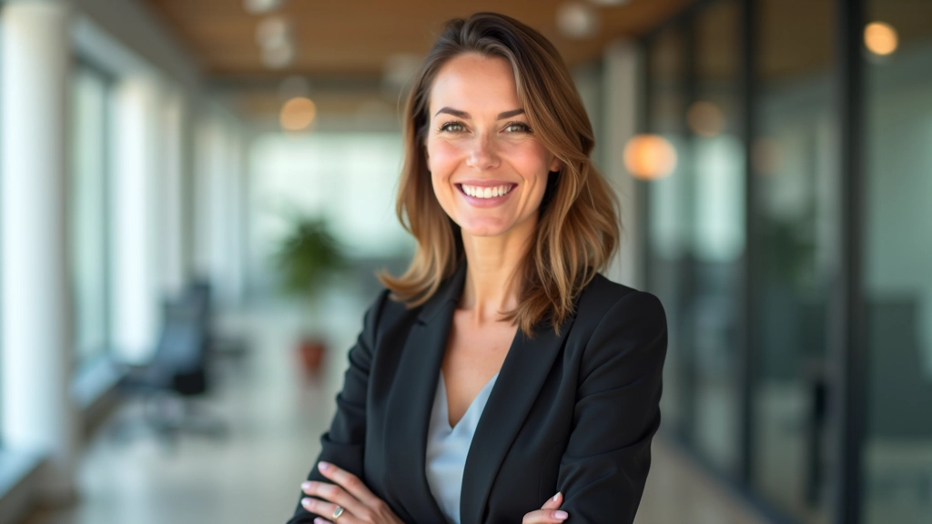 Professionelle Frau bei einer Präsentation mit Publikum im Hintergrund