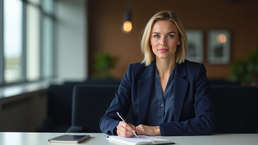 Professionelle Frau in Business-Kleidung sitzt selbstbewusst an einem modernen Schreibtisch mit Notizbuch
